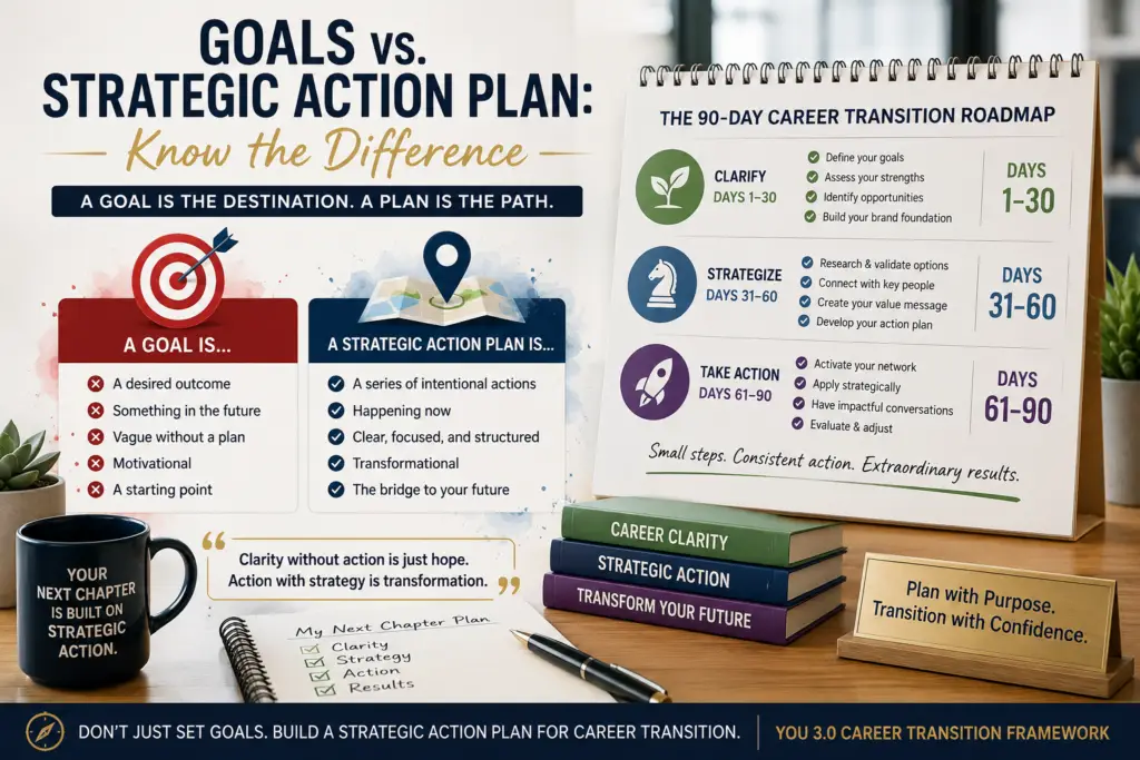 Strategic action plan for career transition with 90-day roadmap and career development framework