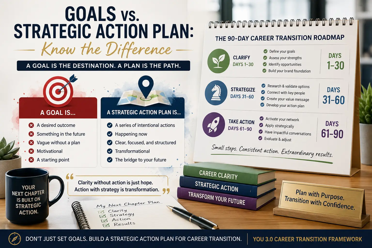 Strategic action plan for career transition with 90-day roadmap and career development framework