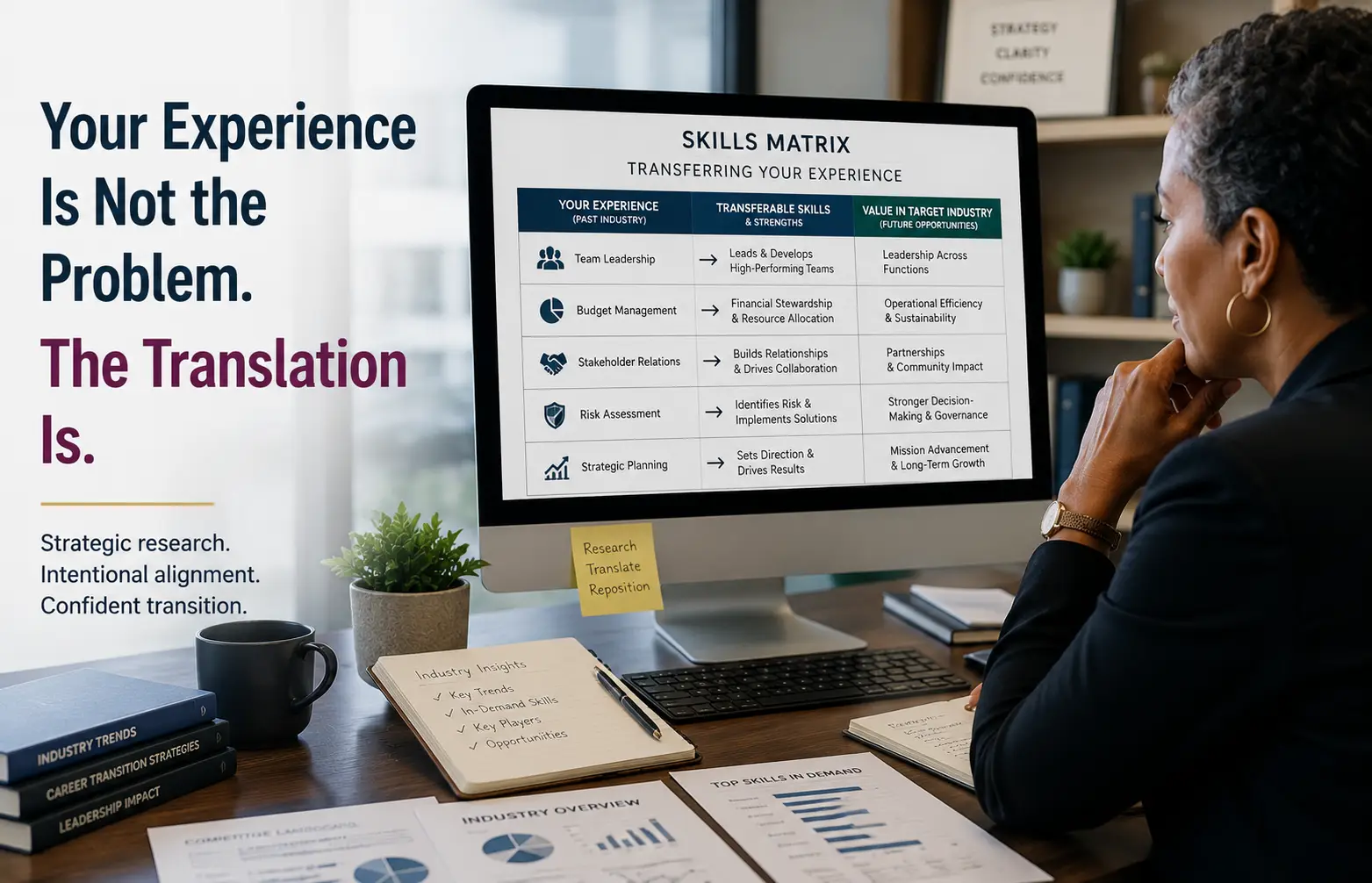 Career transition industry research using a skills matrix to identify transferable skills and new career opportunities