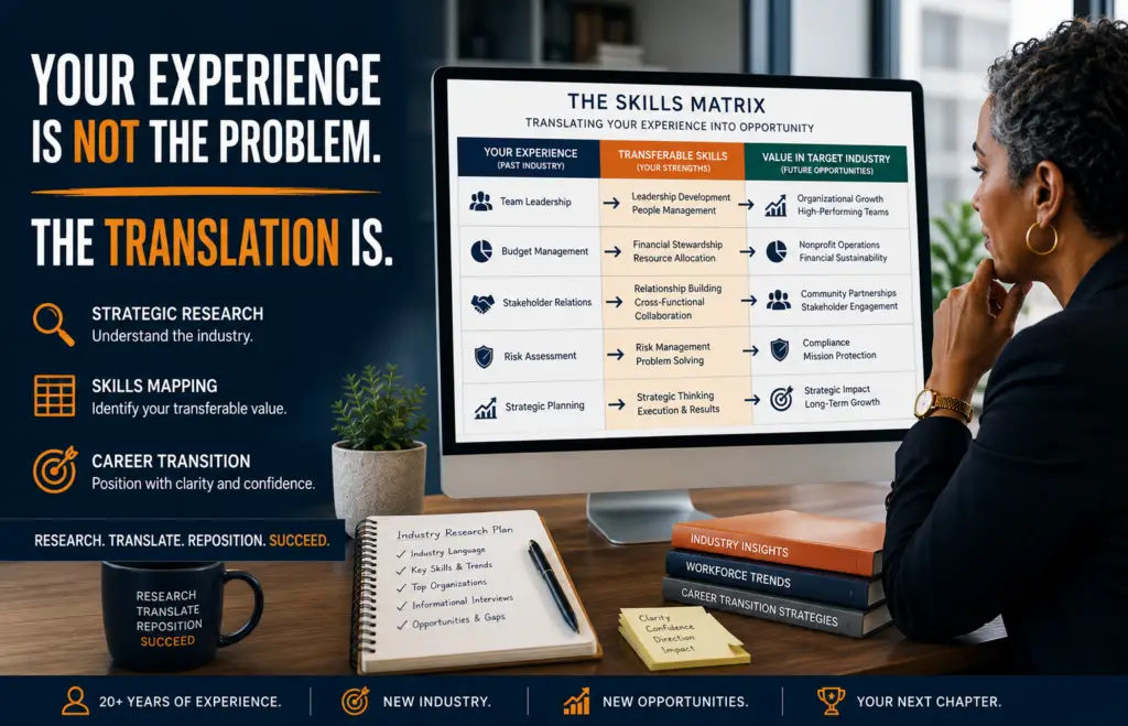 Career transition skills matrix showing how transferable skills connect experience to a new industry
