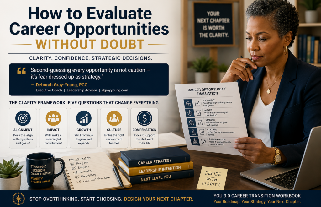 How to Evaluate Career Opportunities Without Doubt
Clarity. Confidence. Strategic Decisions.
Stop Overthinking.
Start Choosing.
Design Your Next Chapter.