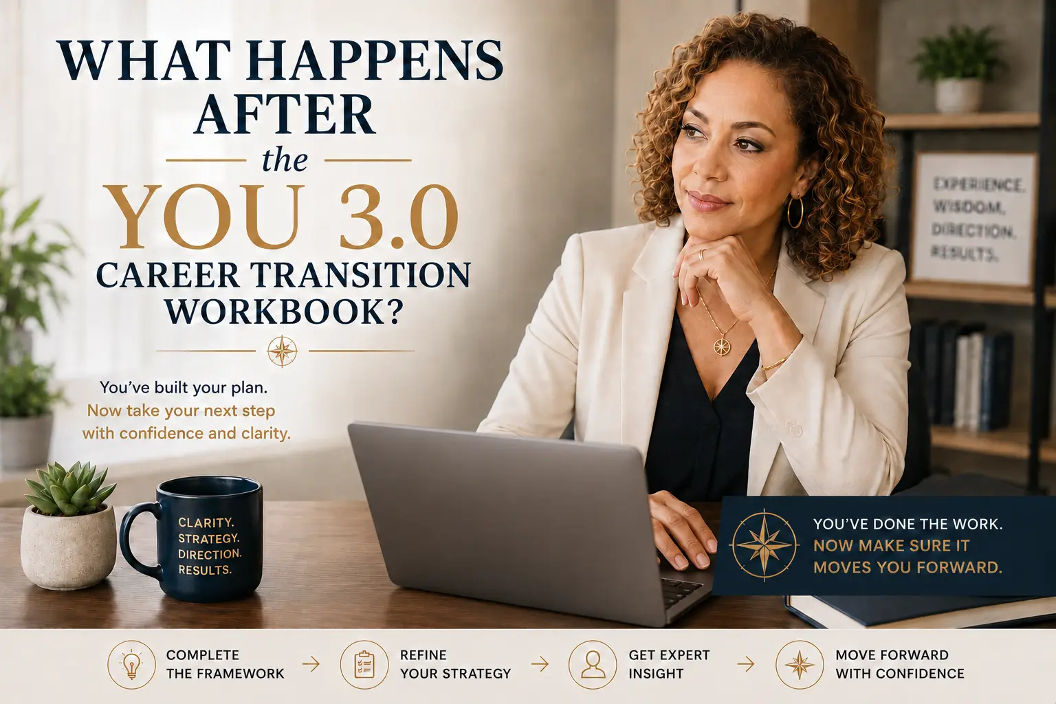 Professional working on a computer after completing the YOU 3.0 Career Transition Workbook and preparing for a strategic career review